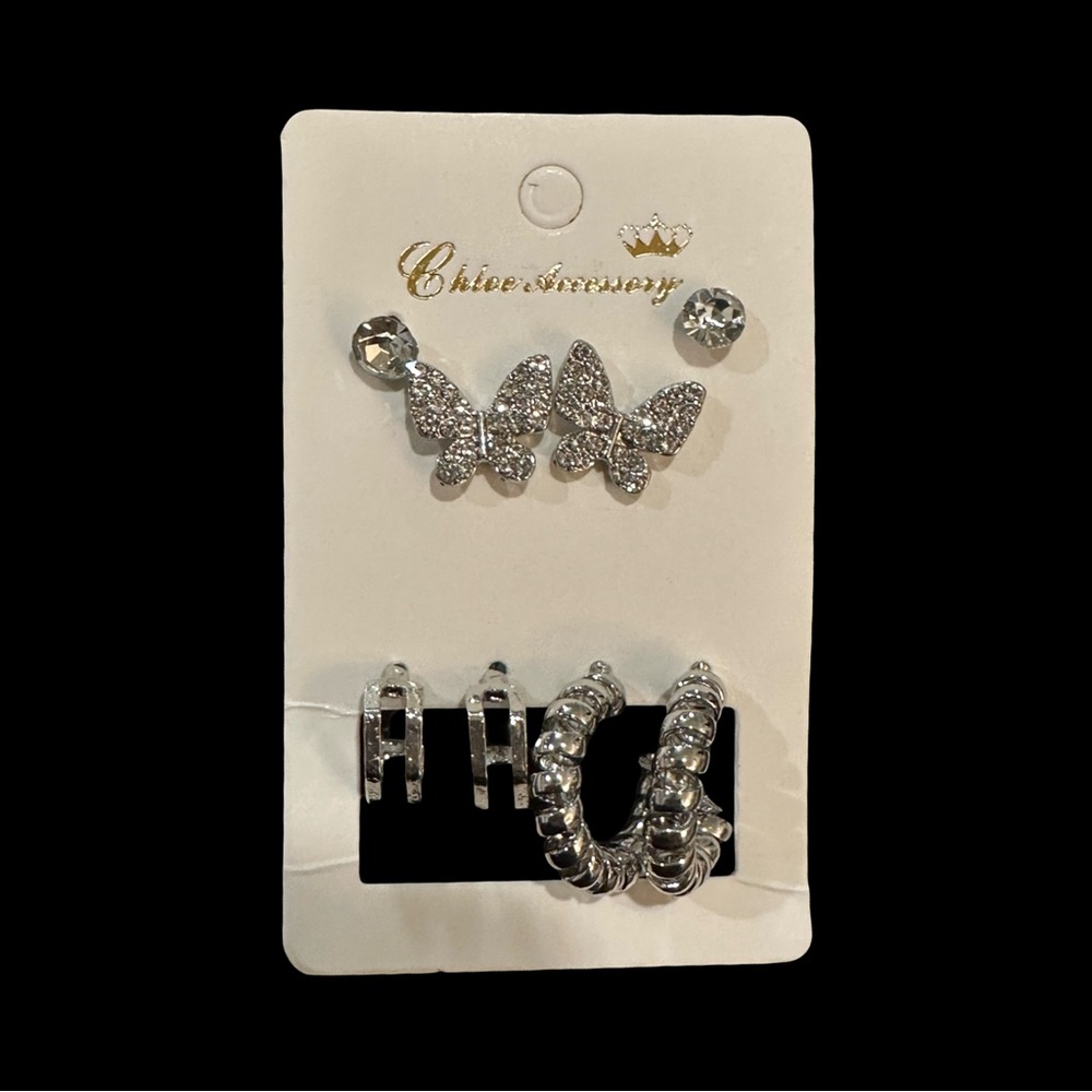Butterfly Earrings Set Hoops Stud Silver Tone High Polish Rhinestone